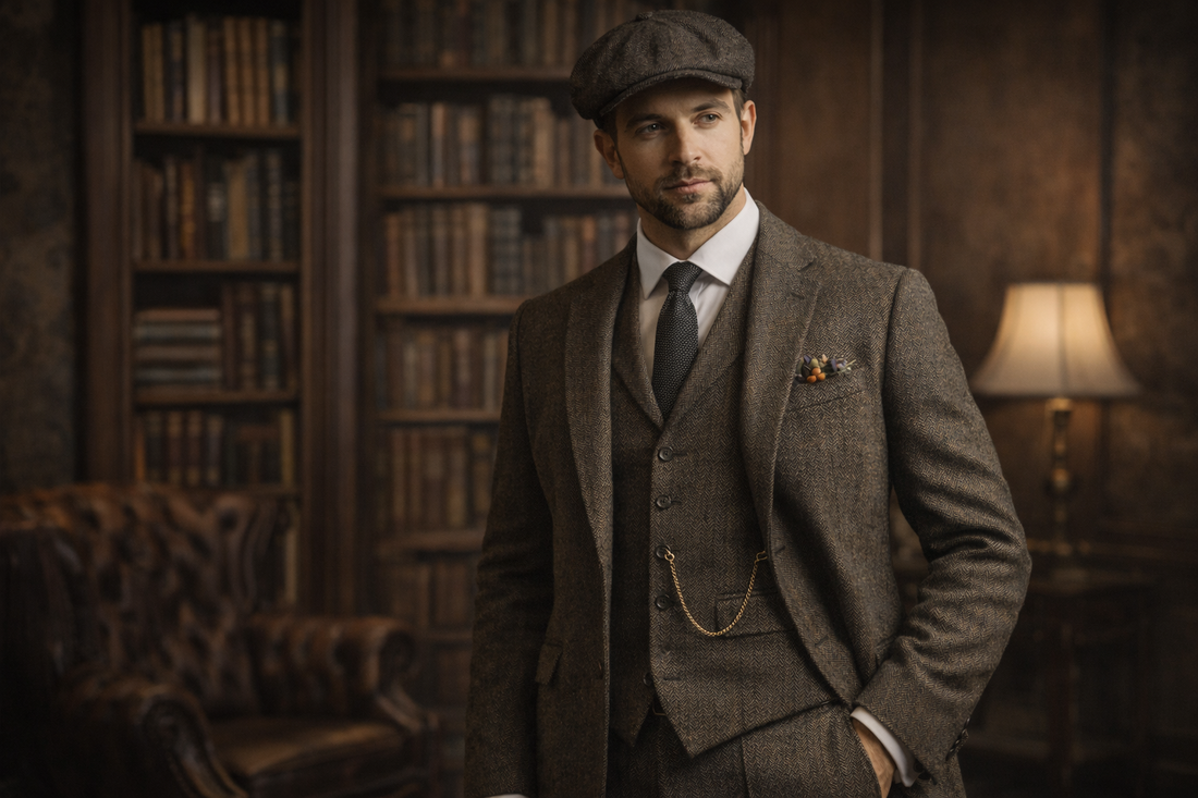 A confident man in a tailored tweed suit stands near a window in a stylish, softly lit room. The suit’s texture and fit highlight classic craftsmanship.