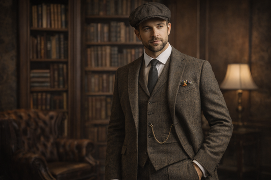A confident man in a tailored tweed suit stands near a window in a stylish, softly lit room. The suit’s texture and fit highlight classic craftsmanship.