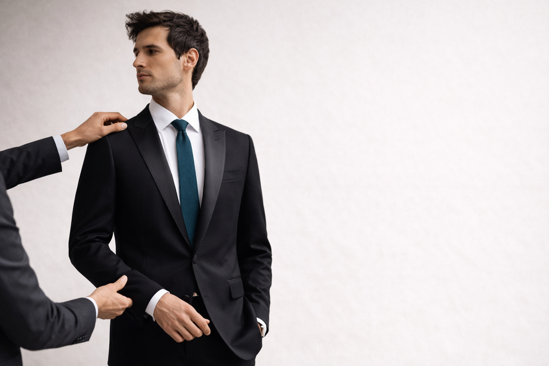 Close-up of a tailored black suit showing sharp lapels, crisp white shirt, and tie, with a hand adjusting the cuff to highlight fine stitching and premium detailing