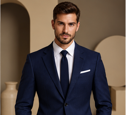 Navy Blue Wool Suit – Bird’s Eye Pattern for Men