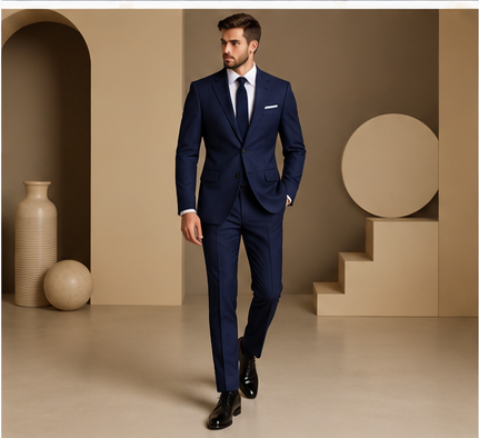 Navy Blue Wool Suit – Bird’s Eye Pattern for Men