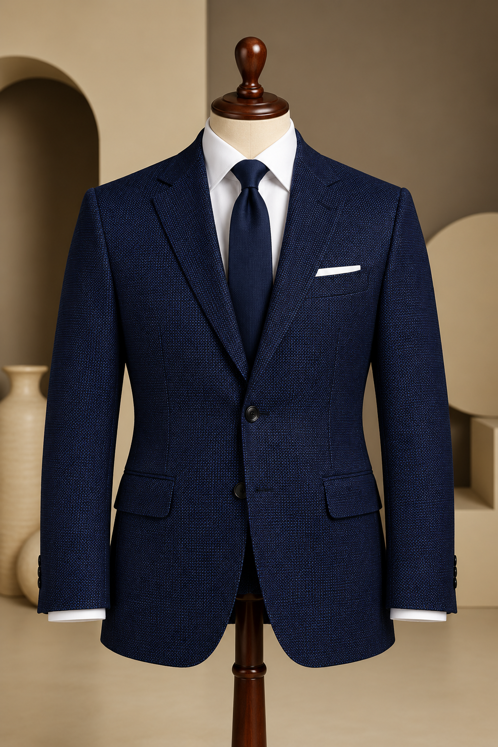 Navy Blue Wool Suit – Bird’s Eye Pattern for Men