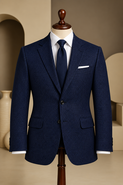 Navy Blue Wool Suit – Bird’s Eye Pattern for Men