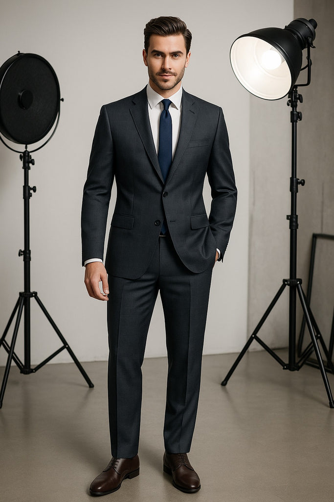 Dark Grey Plaid Italian Suit – Super 130s Merino Wool
